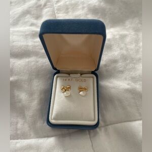 14K Gold Bow Earrings with White Hearts